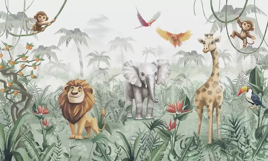 wall murals Children's jungle design with lion, giraffe, elephant and parrots w02440