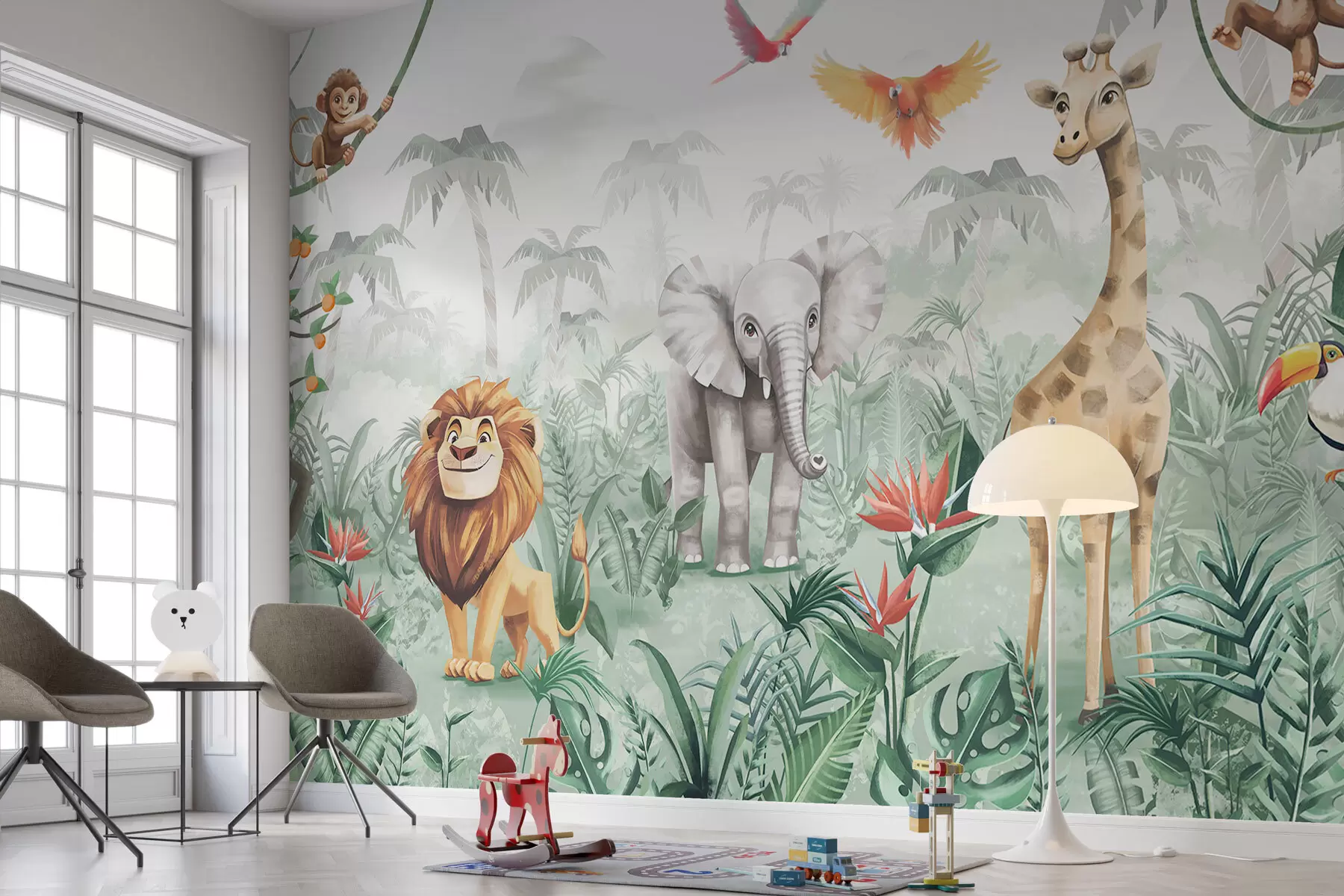 wall murals Children's jungle design with lion, giraffe, elephant and parrots w02440