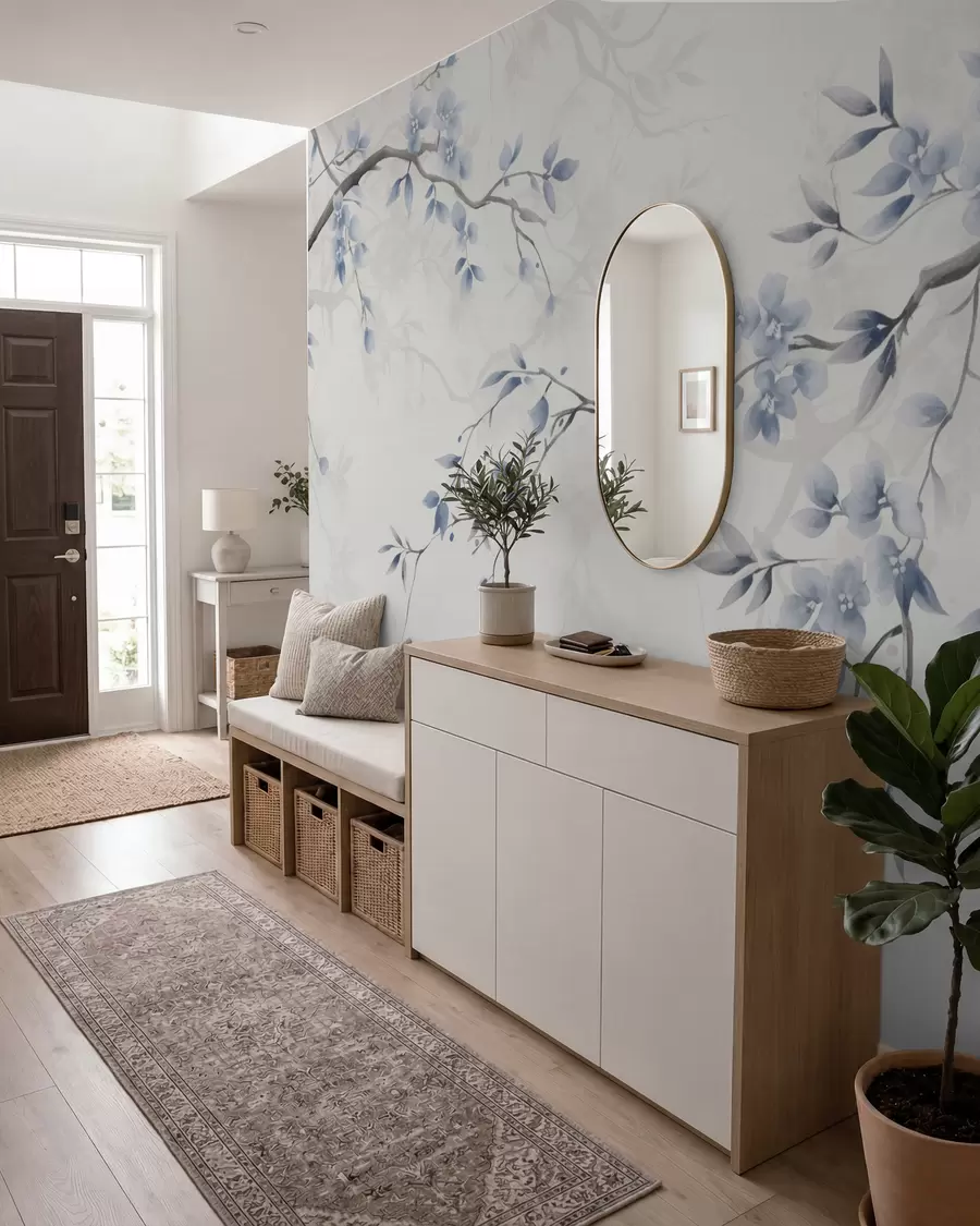 wall murals Trendy branches with flowers and leaves w02449