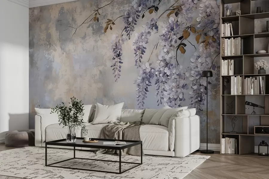 wall murals textured wallpaper in soft, muted colors with delicate wisteria flowers and branches w02451