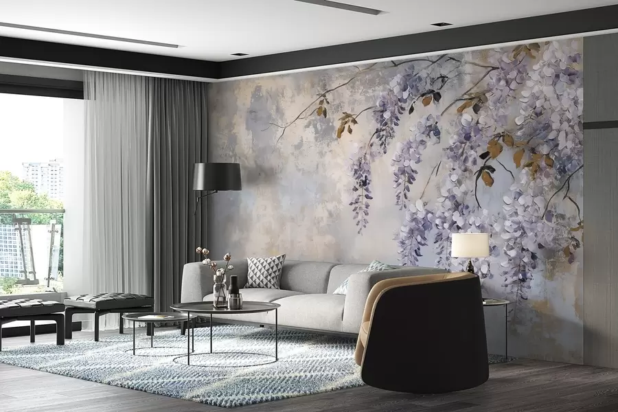 wall murals textured wallpaper in soft, muted colors with delicate wisteria flowers and branches w02451