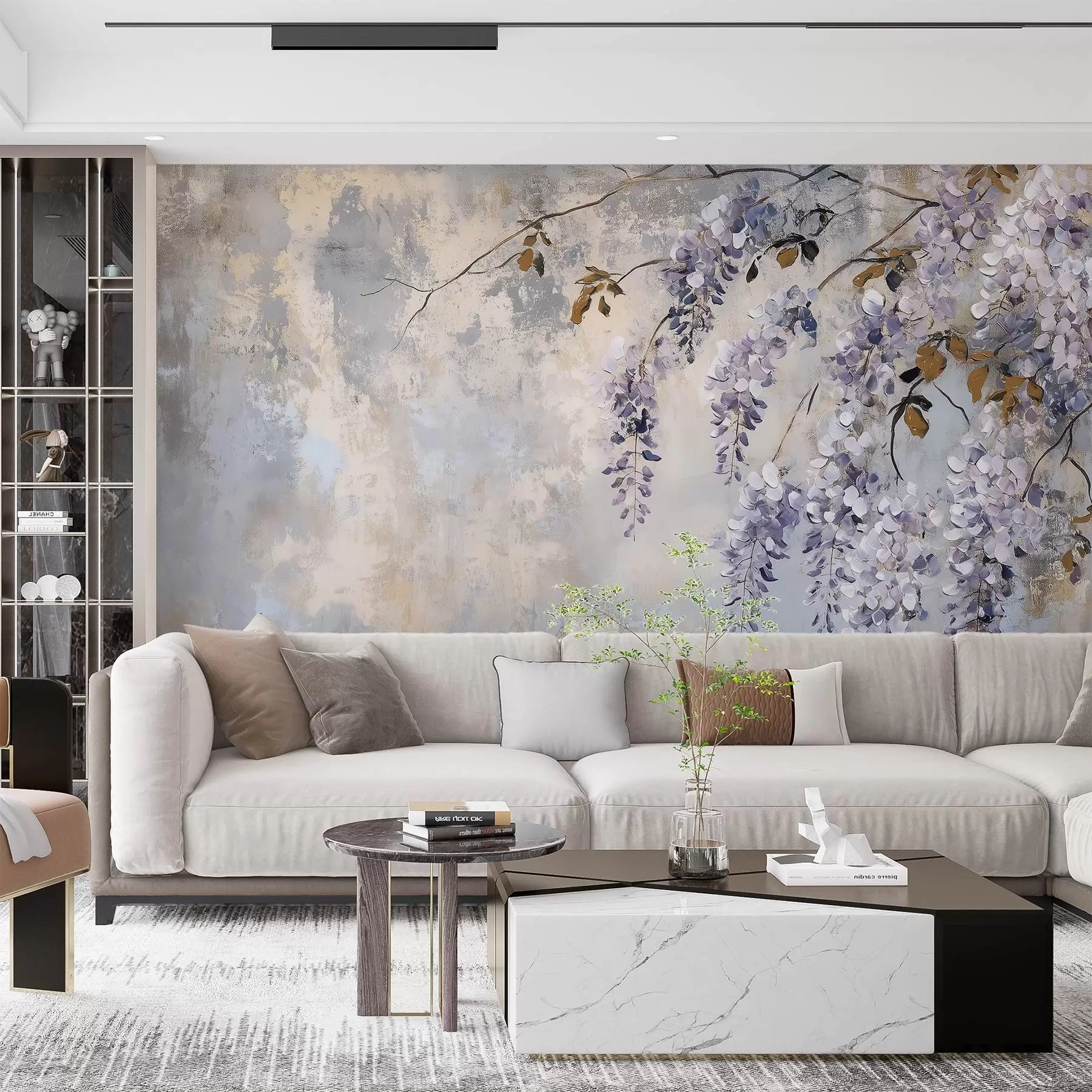 wall murals textured wallpaper in soft, muted colors with delicate wisteria flowers and branches w02451