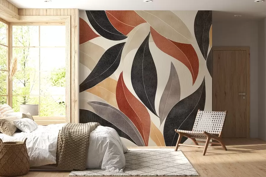 wall murals abstract leaves in a palette of earthy tones - beige, terracotta and dark gray w02452