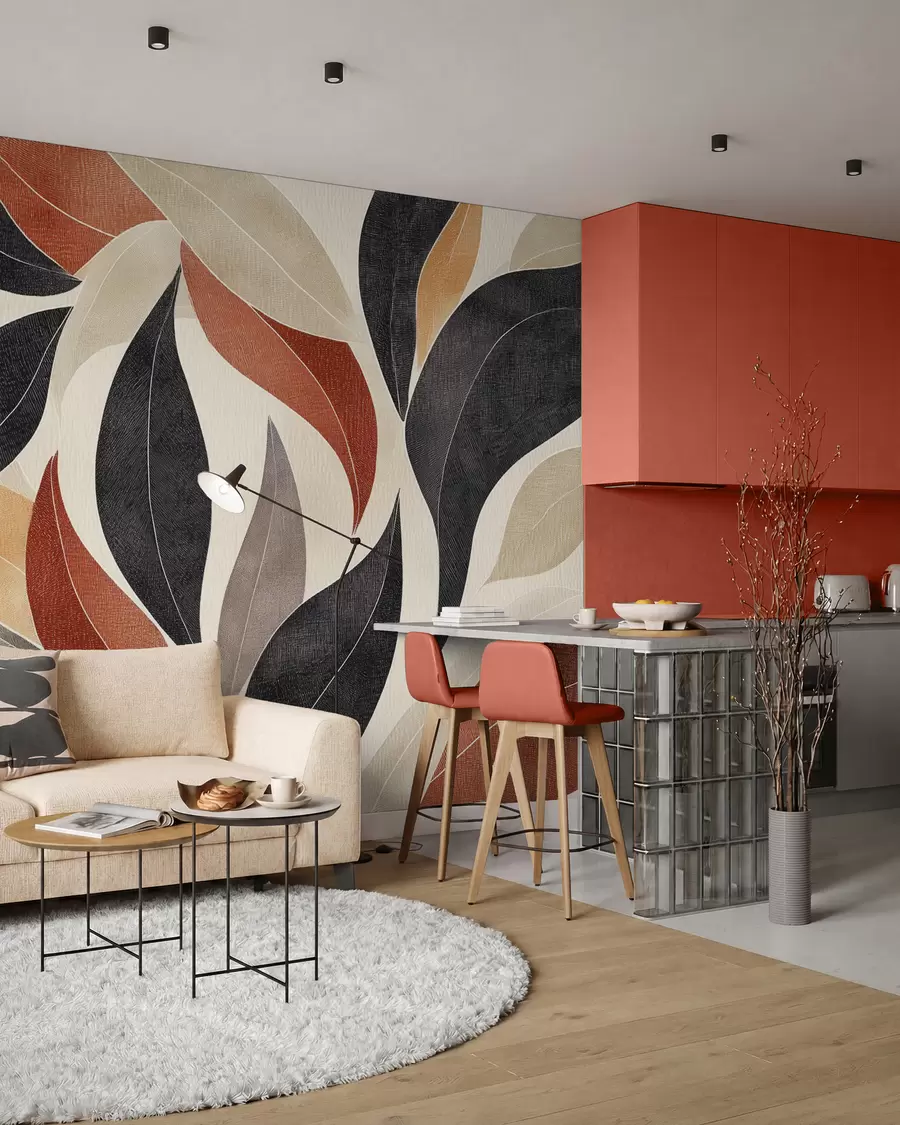 wall murals abstract leaves in a palette of earthy tones - beige, terracotta and dark gray w02452