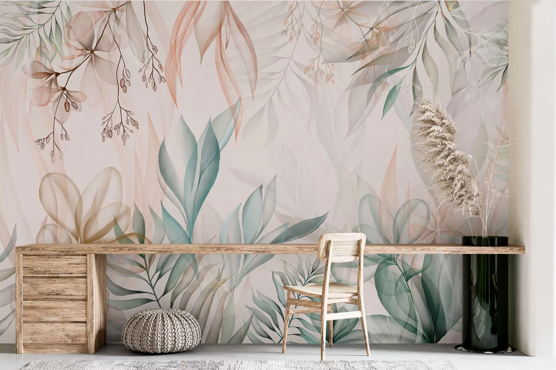 wall murals Delicate tropical foliage in pastel colours w02316