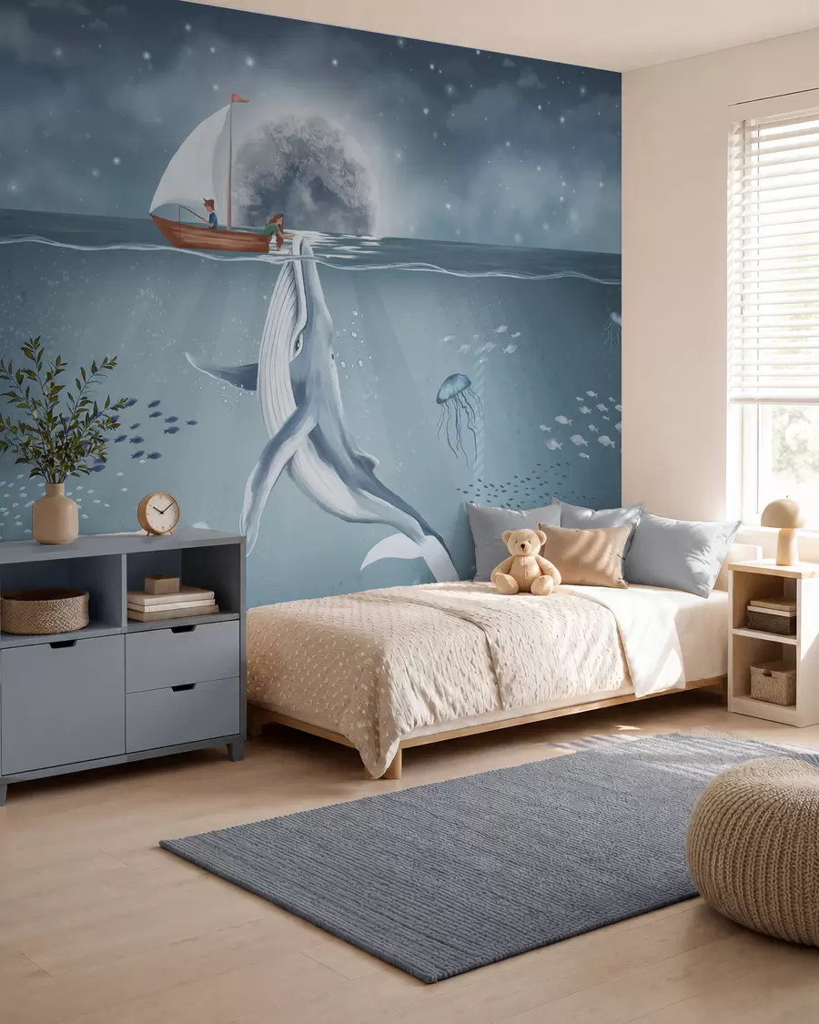 wall murals Whale beside a Moonlit Boat w02476