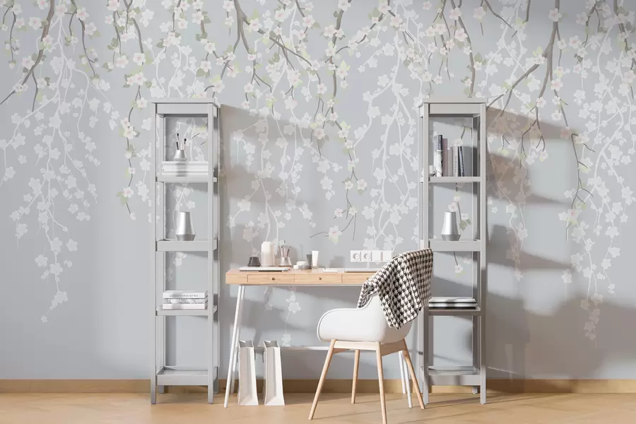 wall murals Falling delicate branches with flowers on a blue background w02479