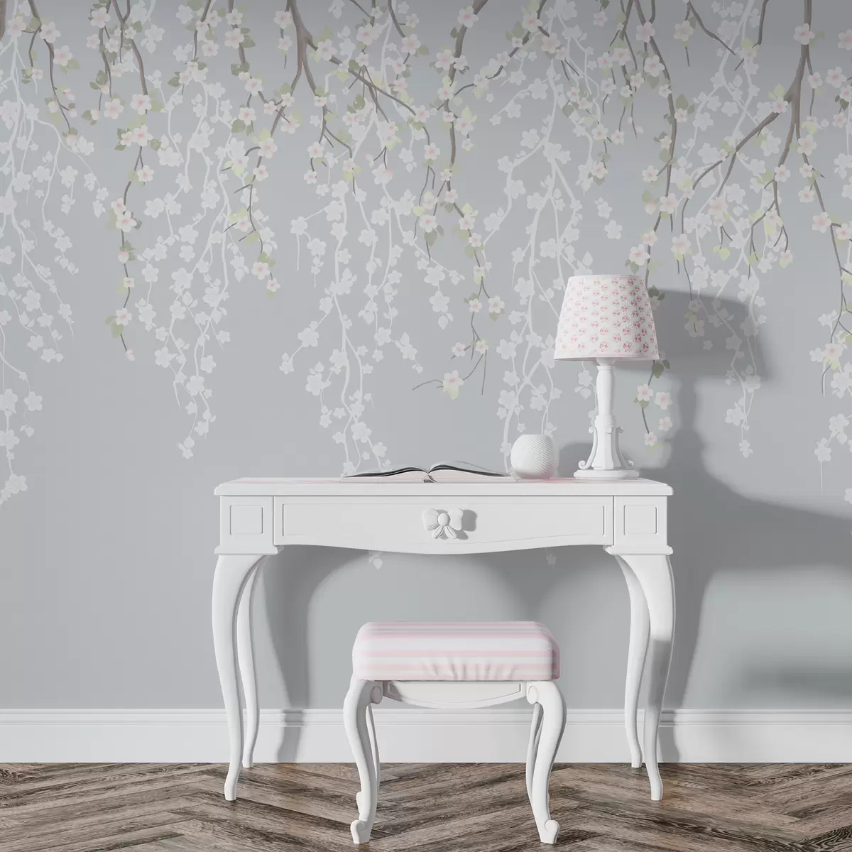 wall murals Falling delicate branches with flowers on a blue background w02479