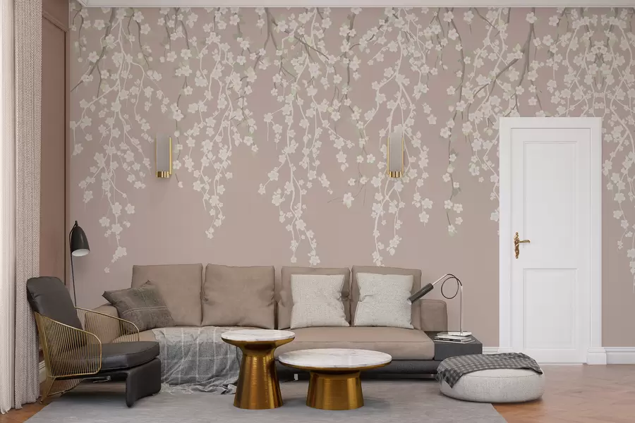 wall murals Flowing delicate branches with flowers on a pastel background w02479v2