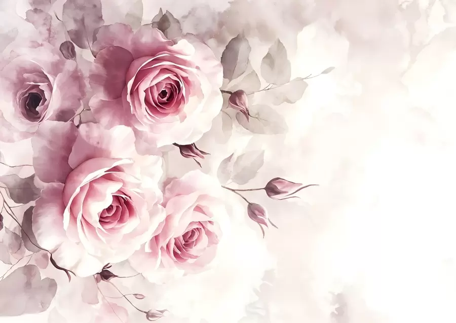wall murals Delicate pastel pink roses and leaves with soft, blurred watercolor imitation background w08459