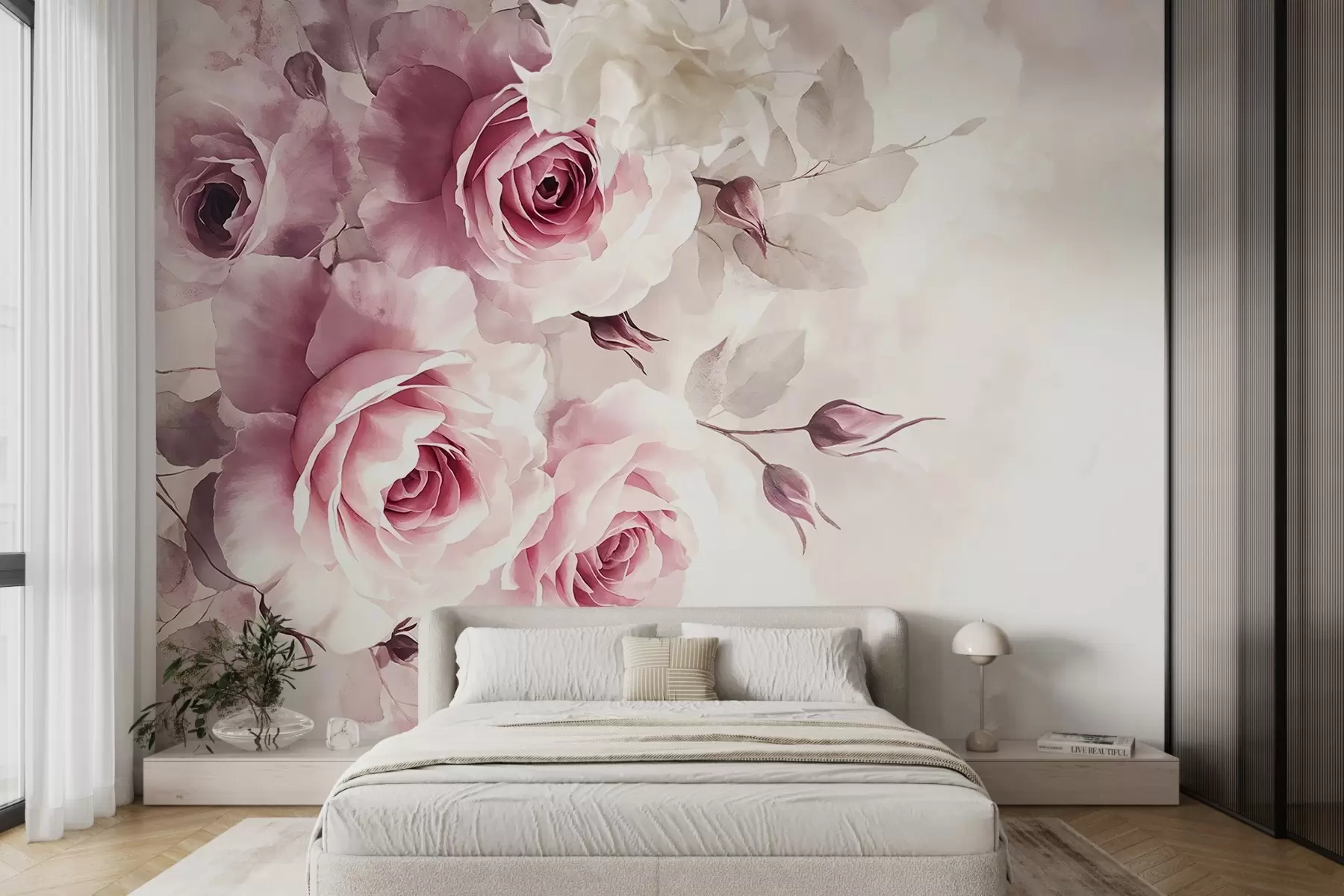 wall murals Delicate pastel pink roses and leaves with soft, blurred watercolor imitation background w08459