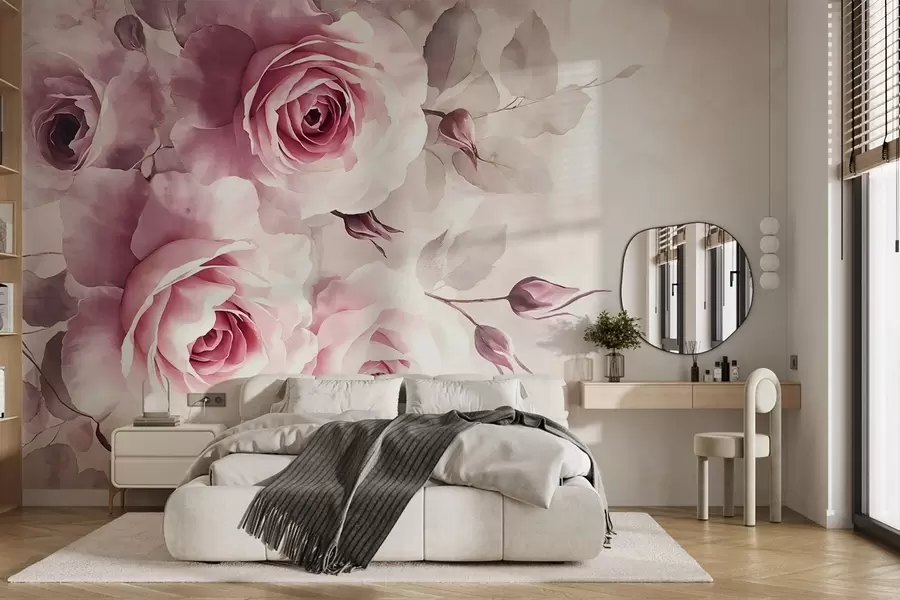 wall murals Delicate pastel pink roses and leaves with soft, blurred watercolor imitation background w08459