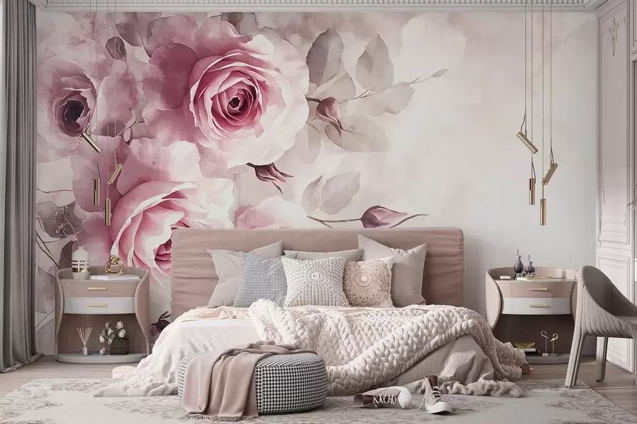 wall murals Delicate pastel pink roses and leaves with soft, blurred watercolor imitation background w08459