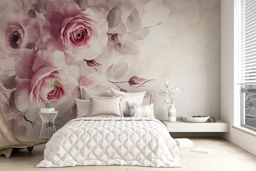 wall murals Delicate pastel pink roses and leaves with soft, blurred watercolor imitation background w08459