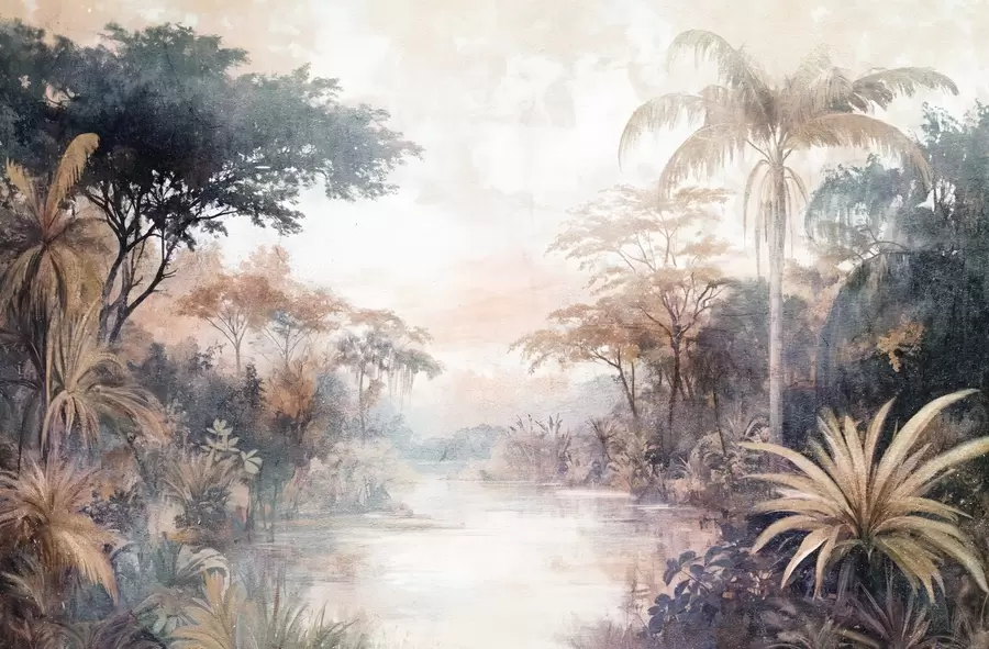 wall murals A textured tropical landscape with a calm river surrounded by lush palm trees, shrubs, and other foliage w08460