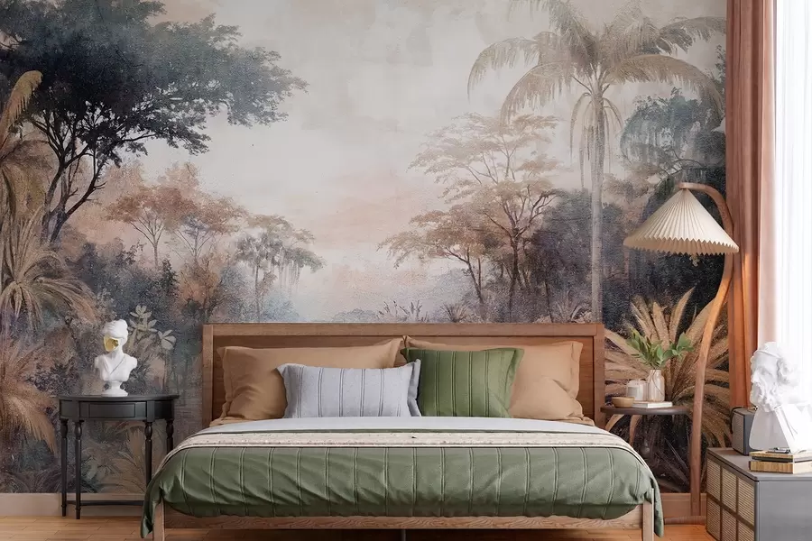wall murals A textured tropical landscape with a calm river surrounded by lush palm trees, shrubs, and other foliage w08460