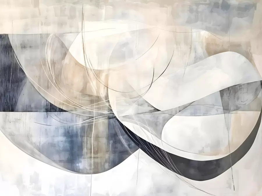 wall murals Abstract shapes and forms in shades of white, gray, beige and blue against a blurred textured background w08461