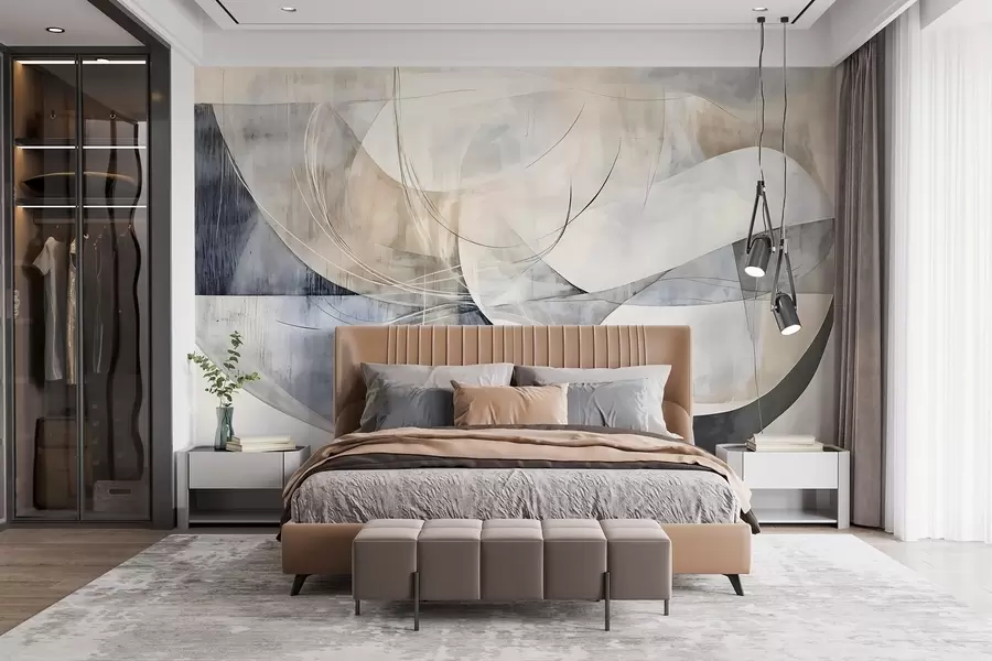 wall murals Abstract shapes and forms in shades of white, gray, beige and blue against a blurred textured background w08461