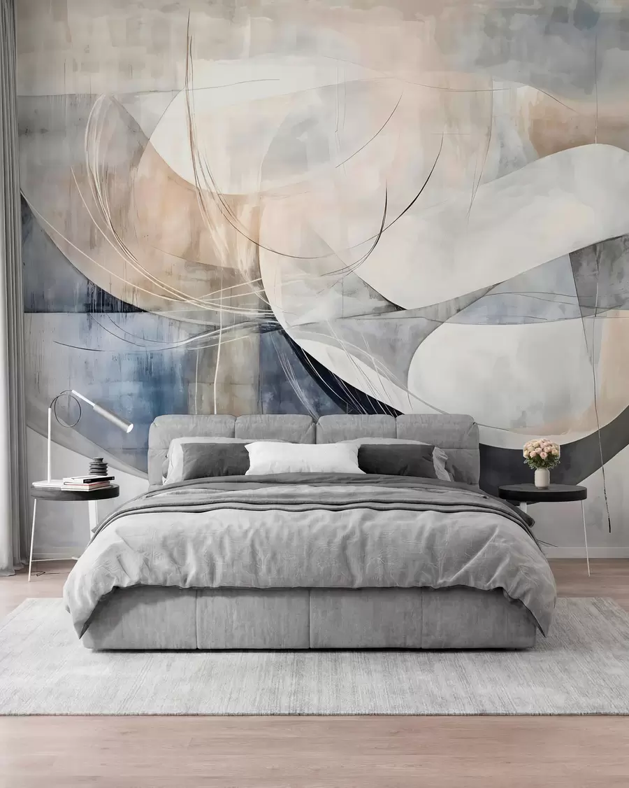 wall murals Abstract shapes and forms in shades of white, gray, beige and blue against a blurred textured background w08461
