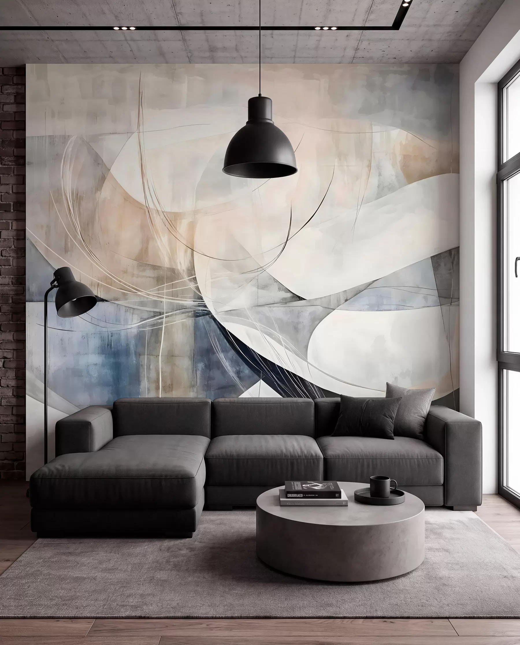 wall murals Abstract shapes and forms in shades of white, gray, beige and blue against a blurred textured background w08461