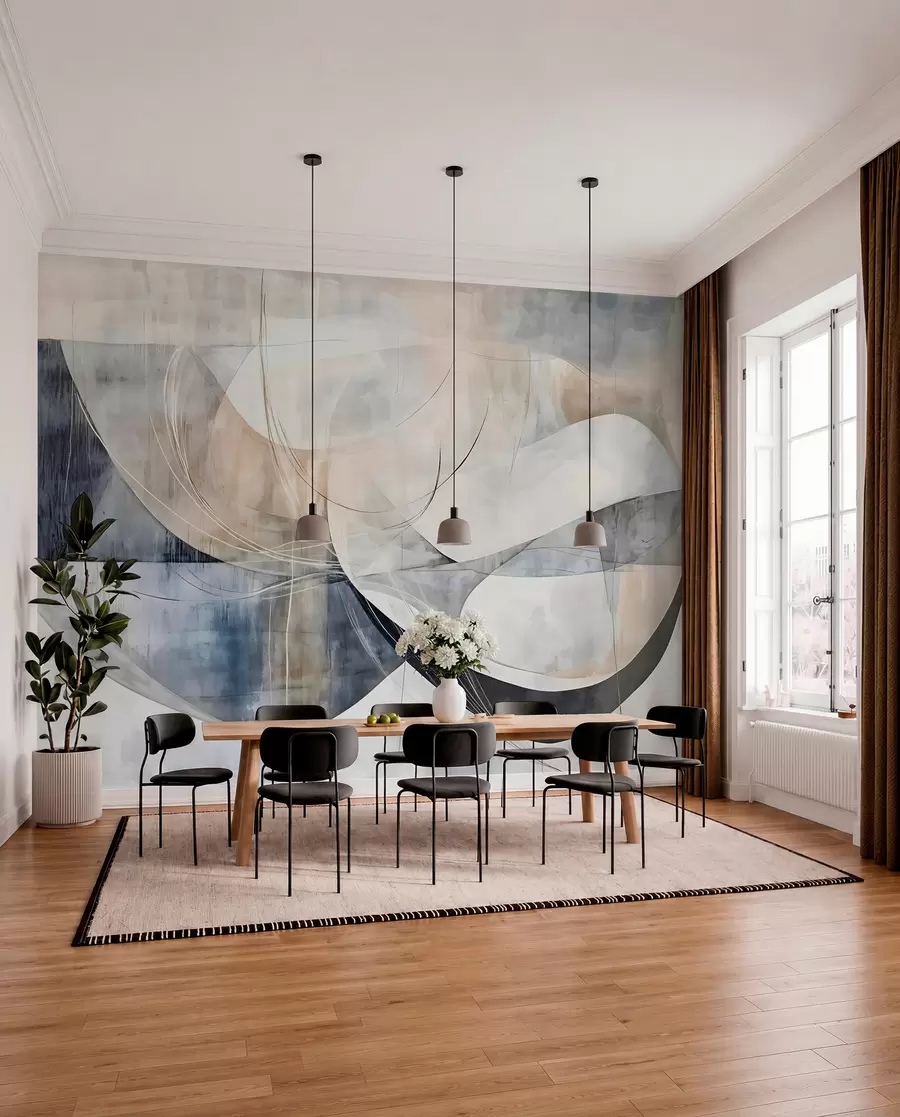 wall murals Abstract shapes and forms in shades of white, gray, beige and blue against a blurred textured background w08461