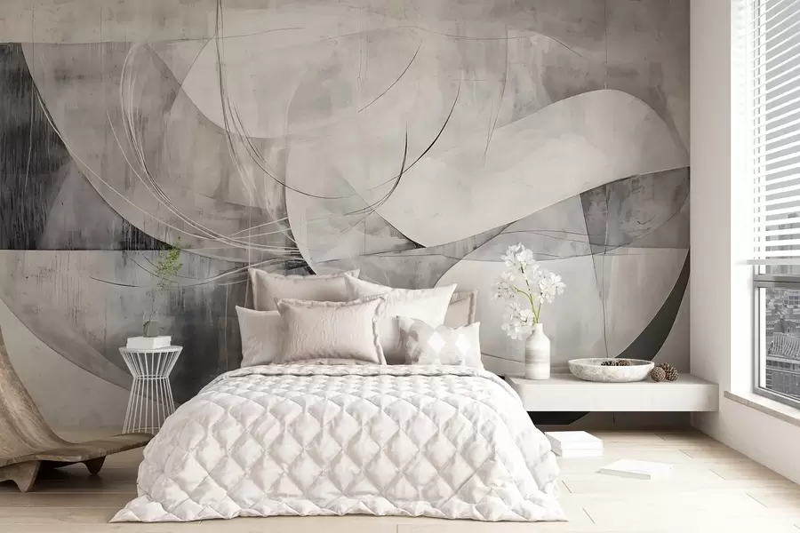wall murals Abstract shapes and forms in shades of white, gray and black against a blurred textured background w08461v1