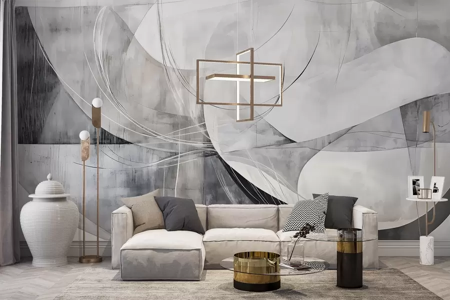 wall murals Abstract shapes and forms in shades of white, gray and black against a blurred textured background w08461v1