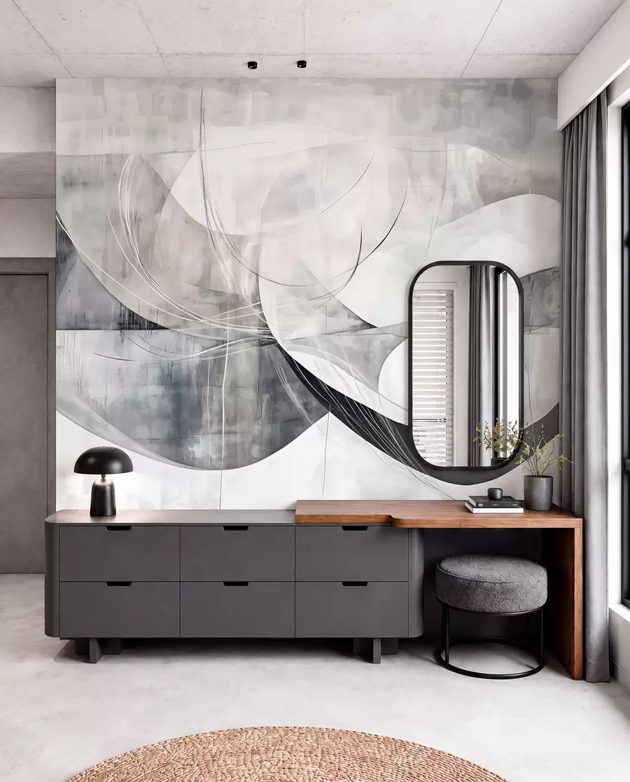 wall murals Abstract shapes and forms in shades of white, gray and black against a blurred textured background w08461v1