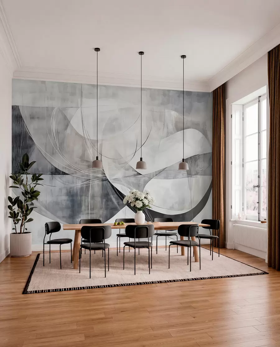 wall murals Abstract shapes and forms in shades of white, gray and black against a blurred textured background w08461v1