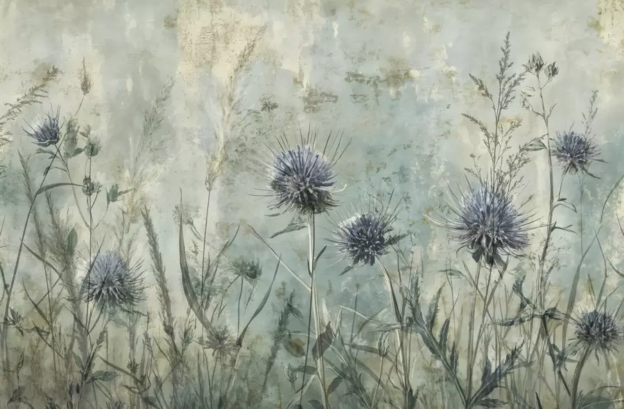 wall murals A field of purple thistle flowers with blurred flowers and foliage in the vintage textural background w08463