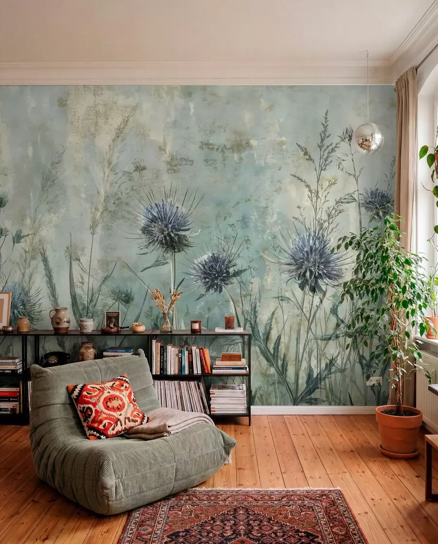 wall murals A field of purple thistle flowers with blurred flowers and foliage in the vintage textural background w08463