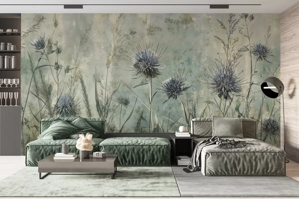wall murals A field of purple thistle flowers with blurred flowers and foliage in the vintage textural background w08463