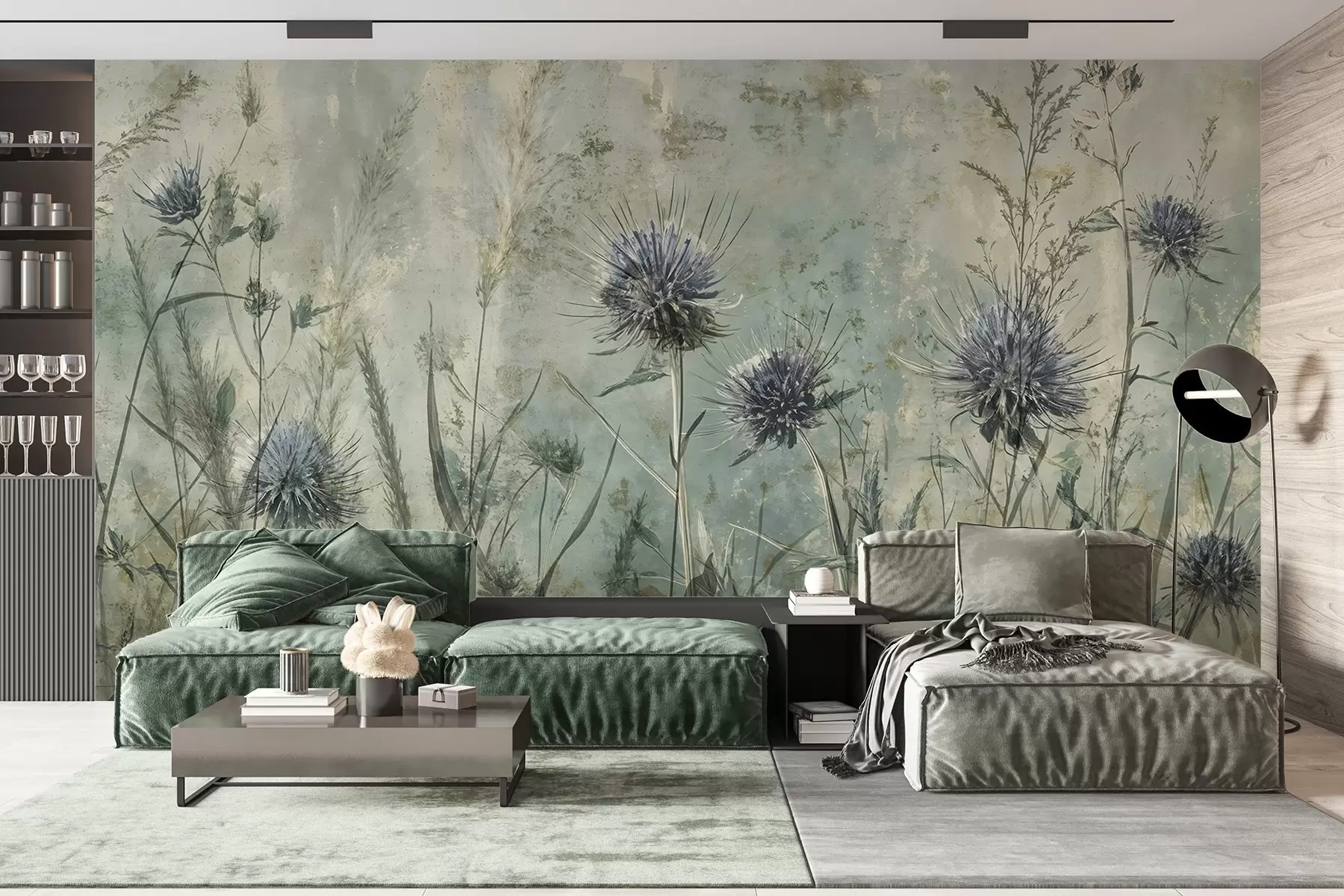 wall murals A field of purple thistle flowers with blurred flowers and foliage in the vintage textural background w08463