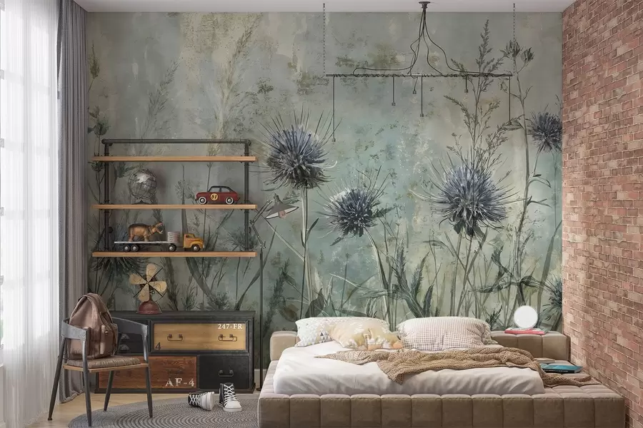 wall murals A field of purple thistle flowers with blurred flowers and foliage in the vintage textural background w08463