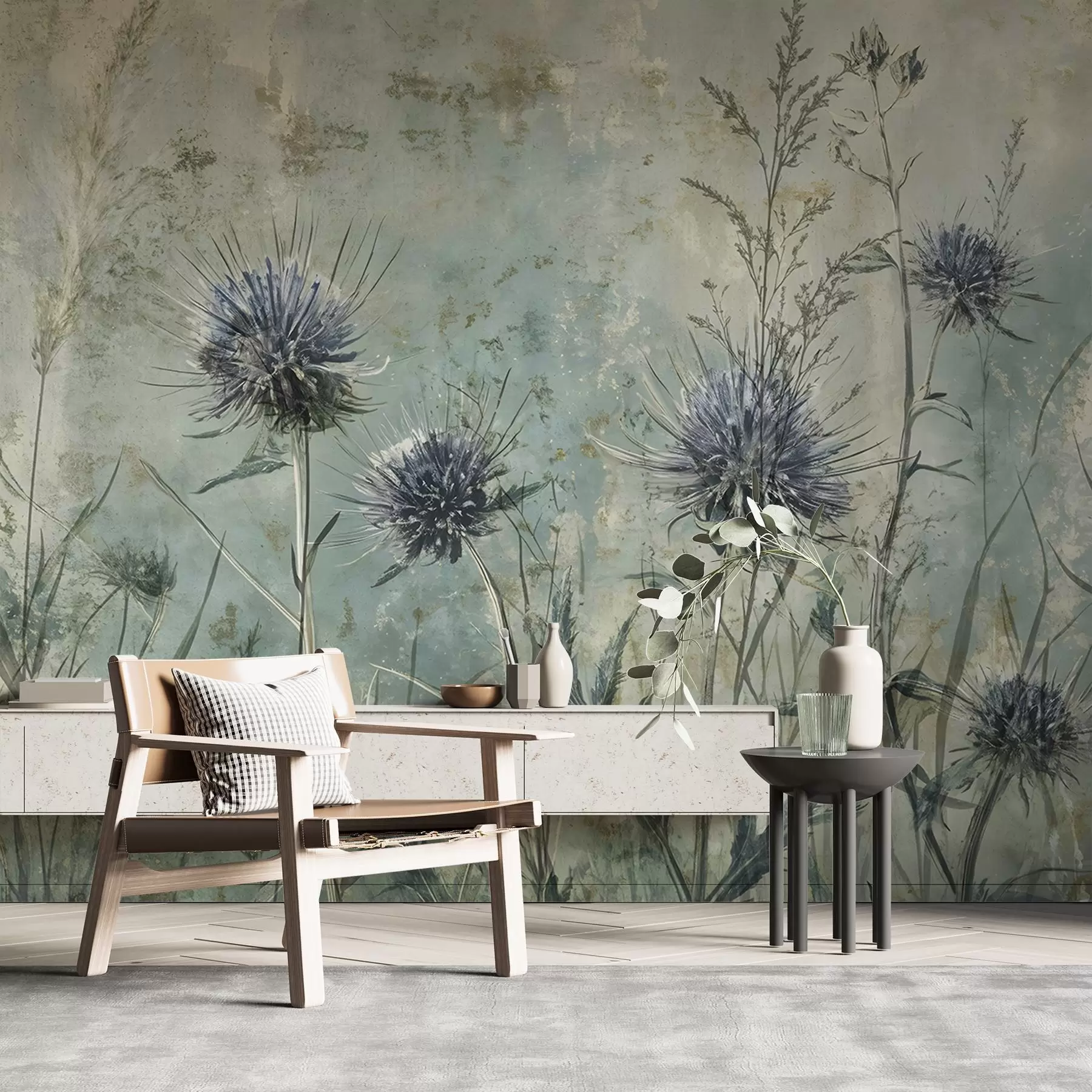 wall murals A field of purple thistle flowers with blurred flowers and foliage in the vintage textural background w08463