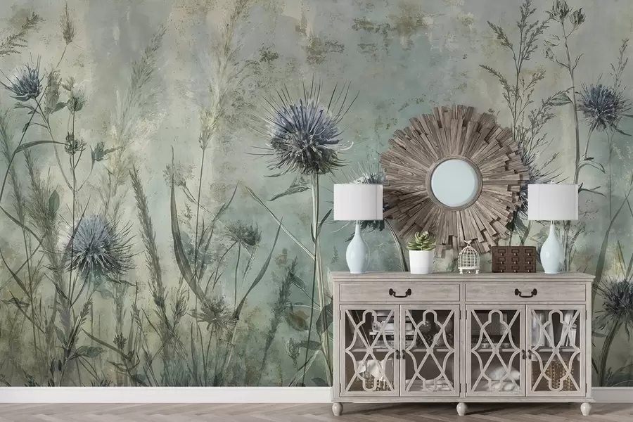 wall murals A field of purple thistle flowers with blurred flowers and foliage in the vintage textural background w08463
