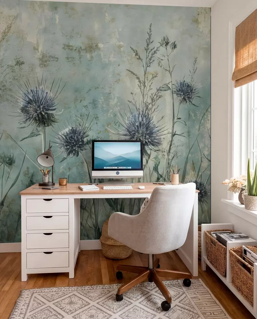 wall murals A field of purple thistle flowers with blurred flowers and foliage in the vintage textural background w08463