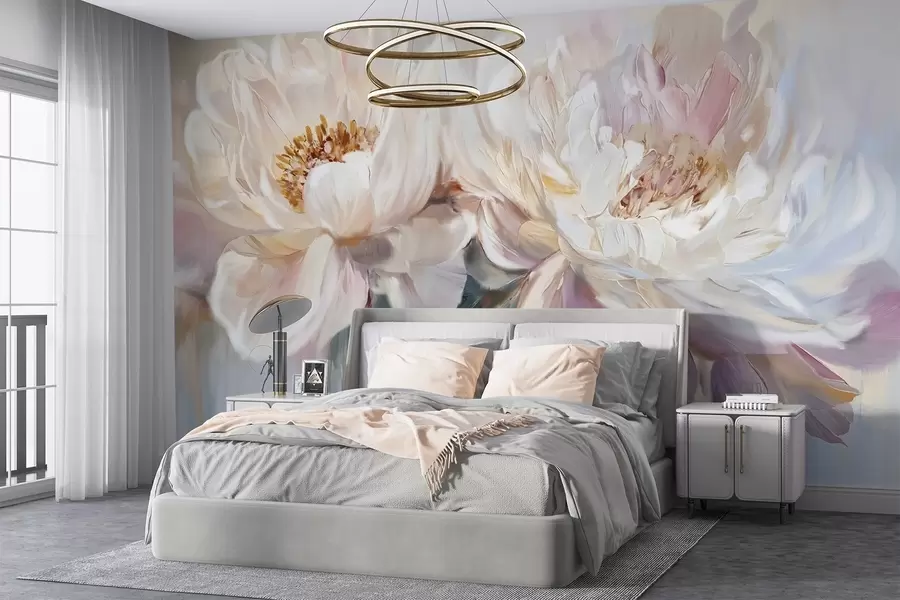 wall murals Soft, delicate white and pastel pink peonies with lush petals on a blurred painting imitation background w08466