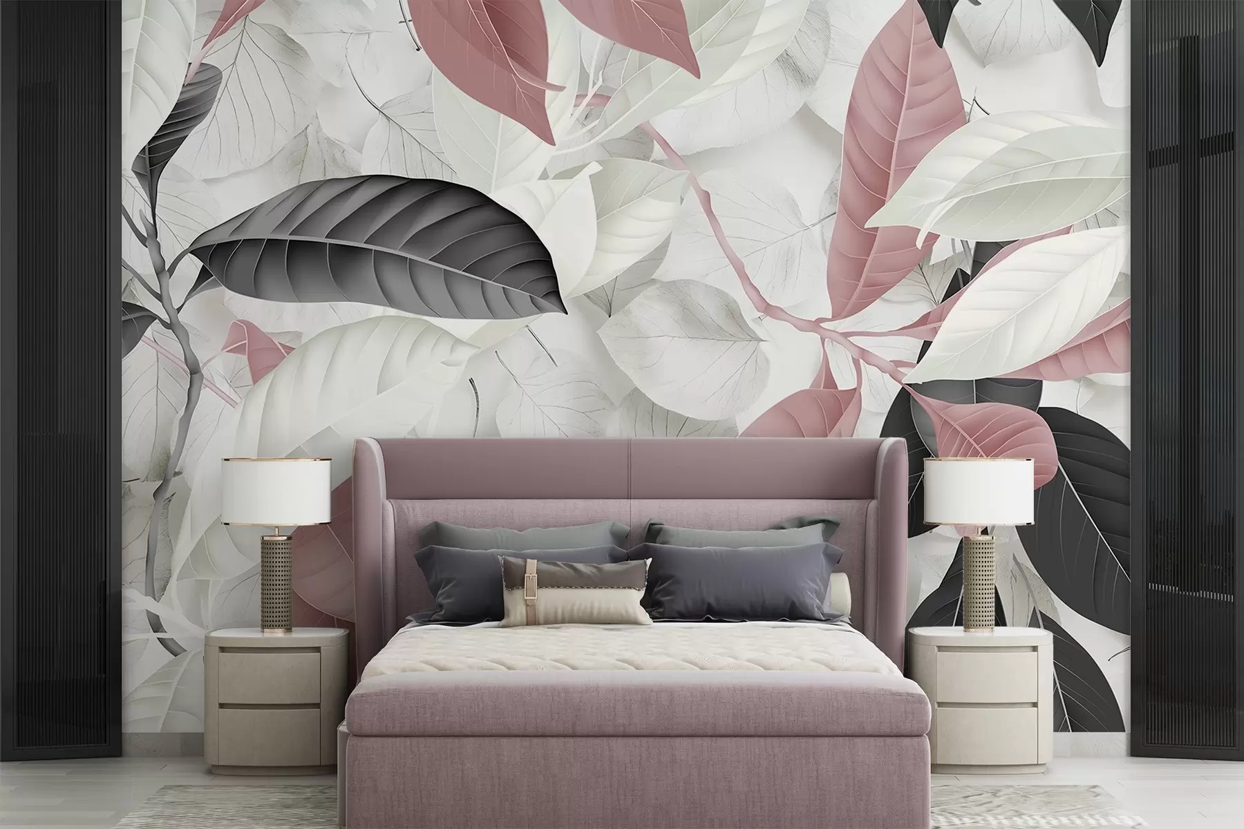 wall murals Large print of pink and gray leaves against a light leaves textured background, creating a lush tropical feel w08468
