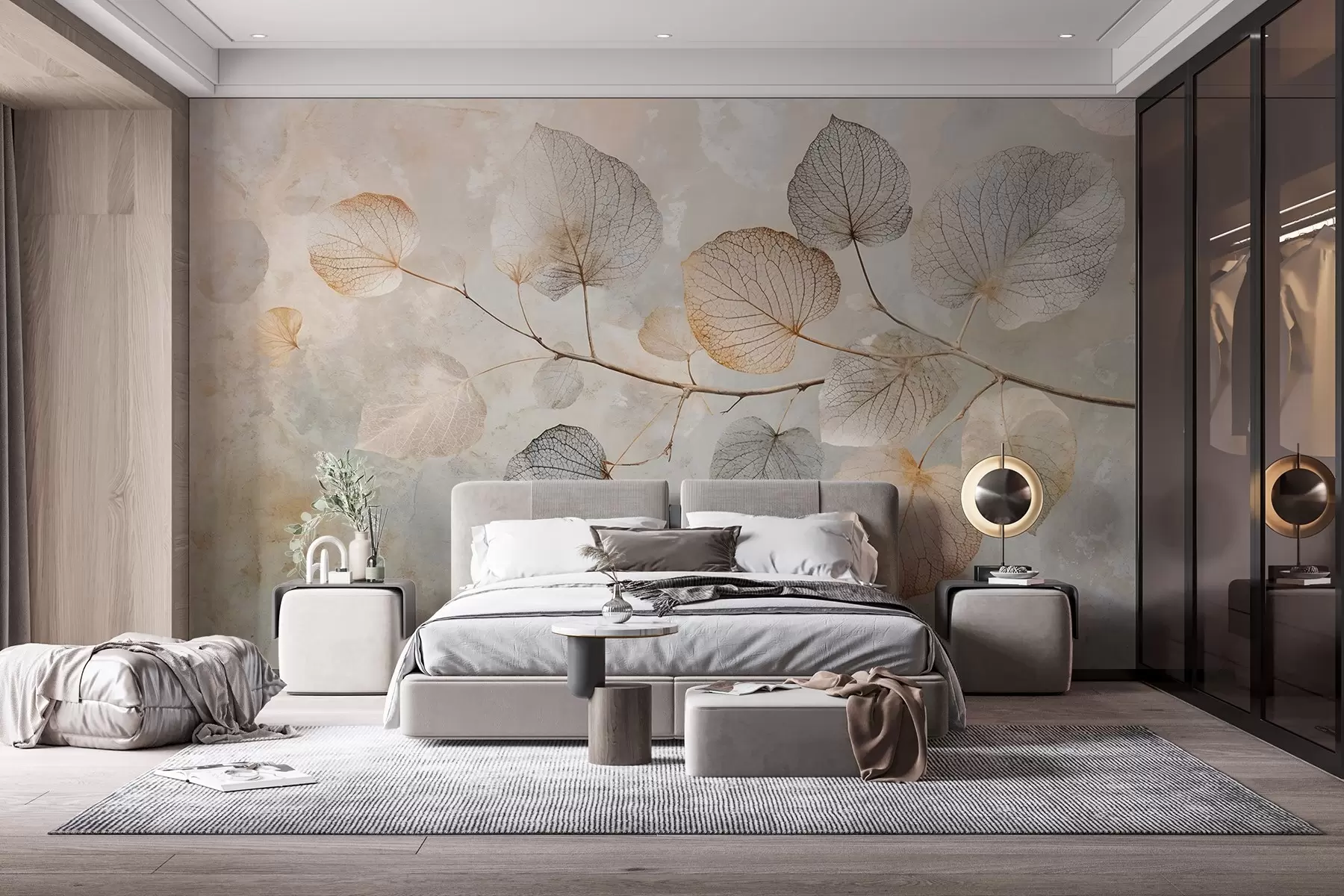 wall murals Delicate leaves with intricate veins and soft, muted colors against a pale textured background w08469