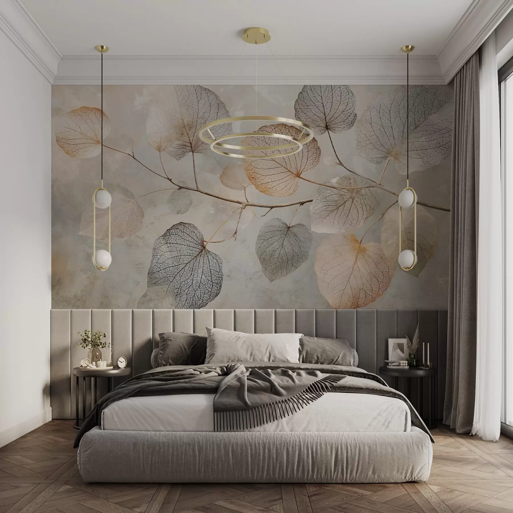 wall murals Delicate leaves with intricate veins and soft, muted colors against a pale textured background w08469
