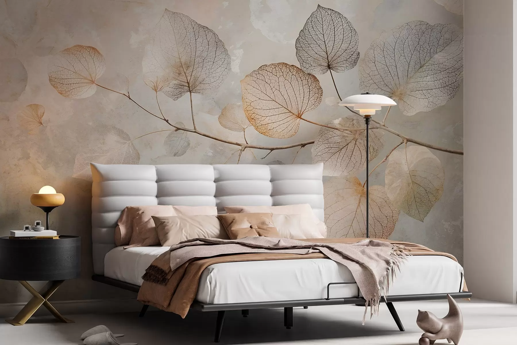 wall murals Delicate leaves with intricate veins and soft, muted colors against a pale textured background w08469