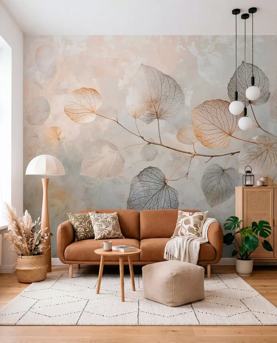 wall murals Delicate leaves with intricate veins and soft, muted colors against a pale textured background w08469