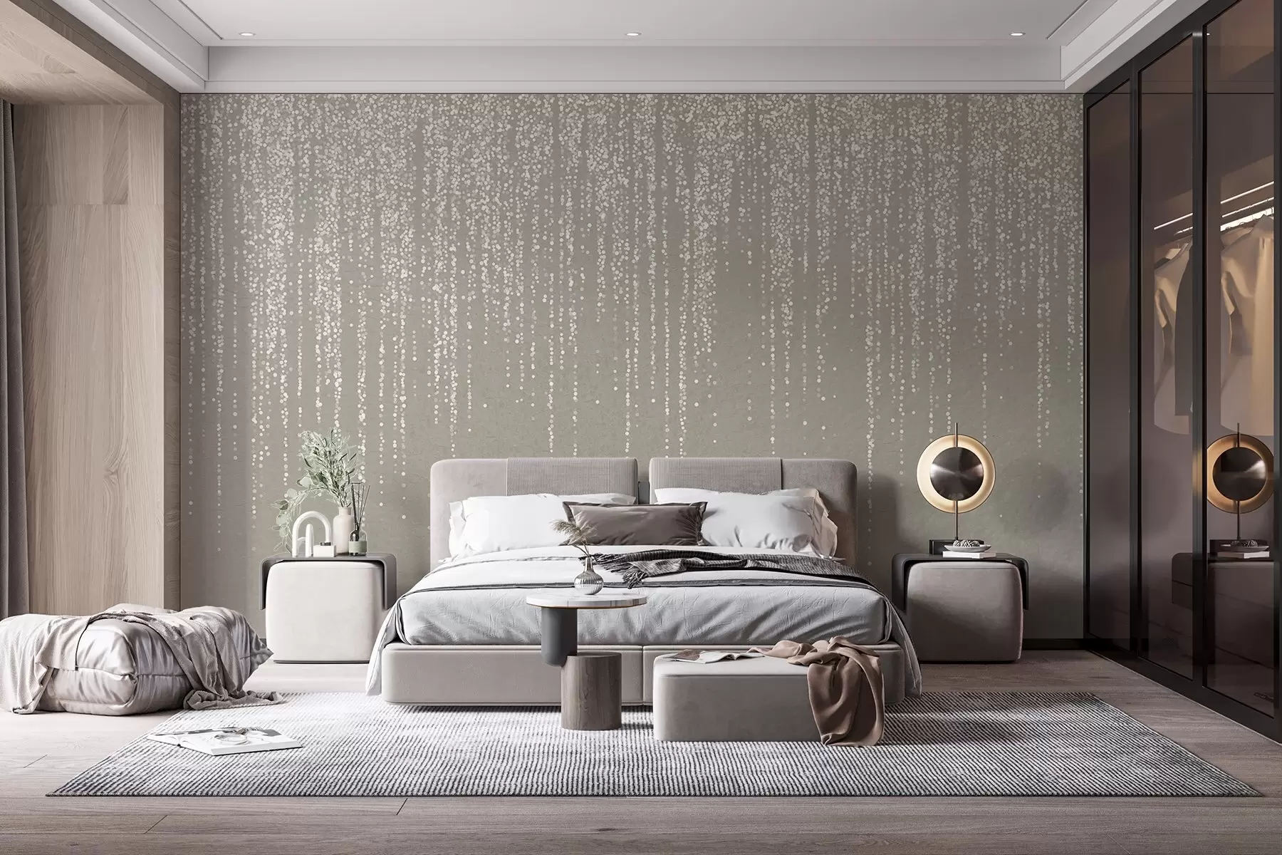 wall murals A vertical elegant print of dotted garland on a beige textured background, creating a sense of depth and movement w08470