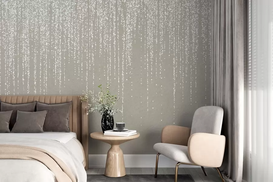 wall murals A vertical elegant print of dotted garland on a beige textured background, creating a sense of depth and movement w08470