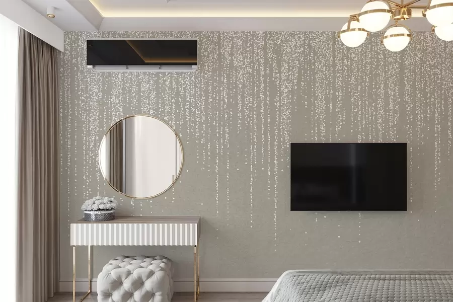wall murals A vertical elegant print of dotted garland on a beige textured background, creating a sense of depth and movement w08470