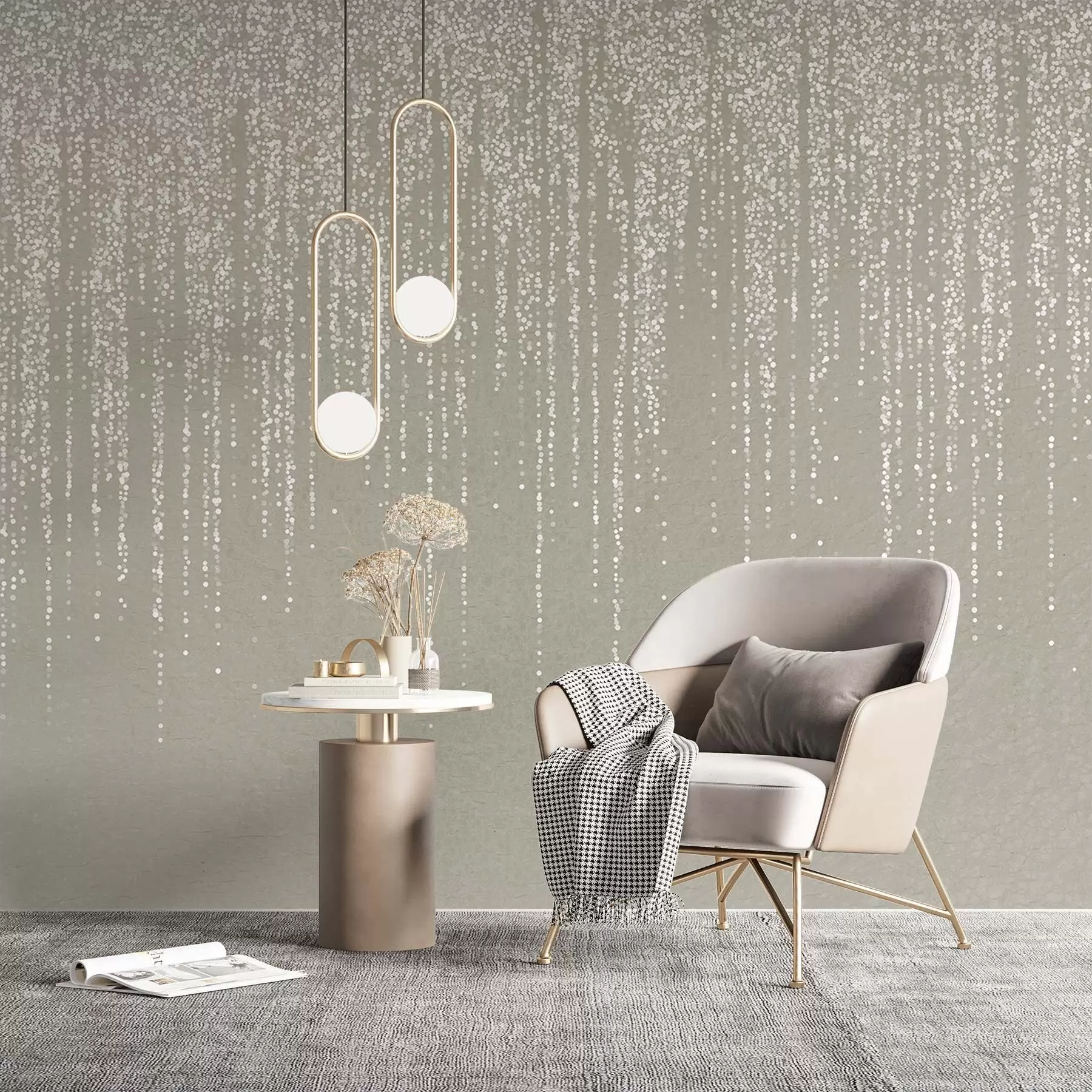 wall murals A vertical elegant print of dotted garland on a beige textured background, creating a sense of depth and movement w08470