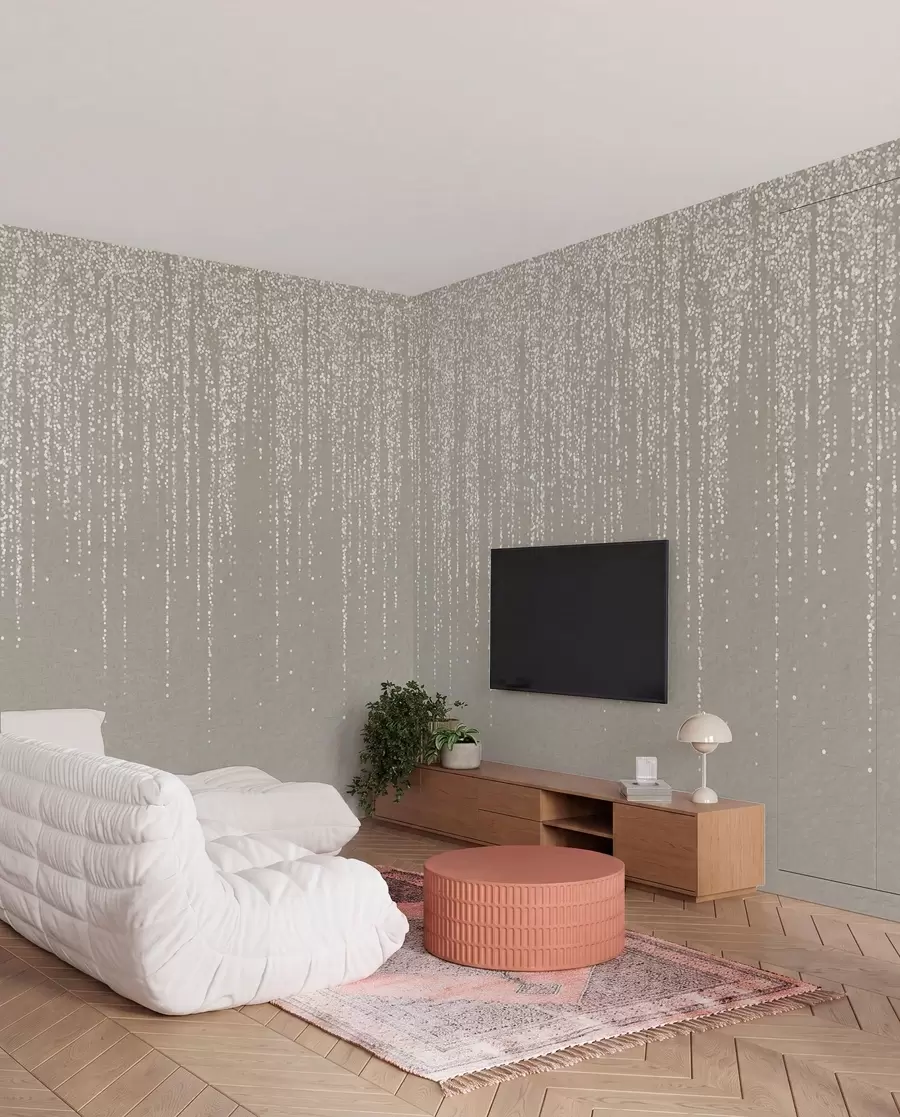 wall murals A vertical elegant print of dotted garland on a beige textured background, creating a sense of depth and movement w08470