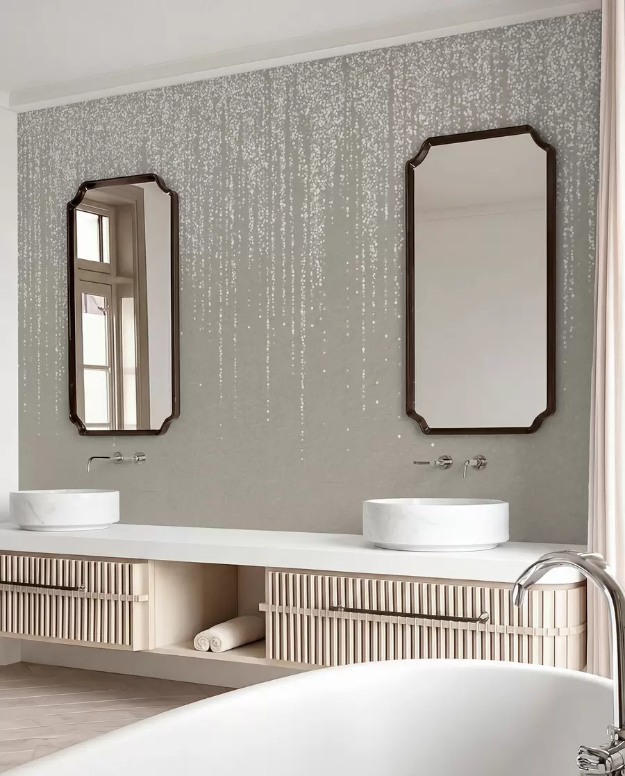 wall murals A vertical elegant print of dotted garland on a beige textured background, creating a sense of depth and movement w08470