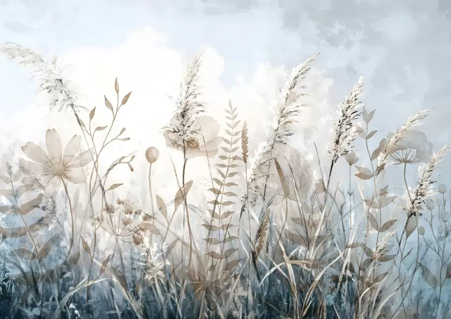 wall murals A field of tall grass, natural foliage and plants with soft, wispy textures against a hazy, overcast sky w08472